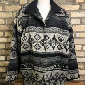Vtg WOOLRICH Nordic Wool Blanket Jacket Coat Aztec Tribal Leather Collar